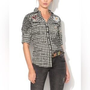 Desigual Gingham Embroidered and Embellished Button Down Shirt